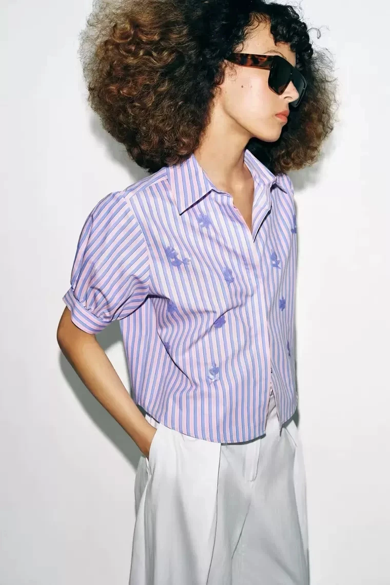 

Summer 2026 New Women's Shirt Bubble Sleeve Padded Striped Short Outerwear Straight Cut Polyester Fiber Regular Sleeve L...