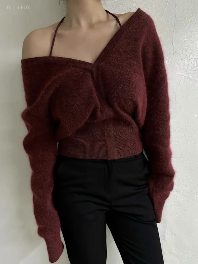 Korean Chic Winter Casual Solid Halter V Neck Long Sleeve Loose All Match Knitted Sweater Women Jumpers