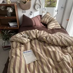Bedding Set Ins Ambiance Blue Coffee Grid Mixed With Washed Cotton Minimalist Four Piece Set Fitted Sheets Duvet Cover