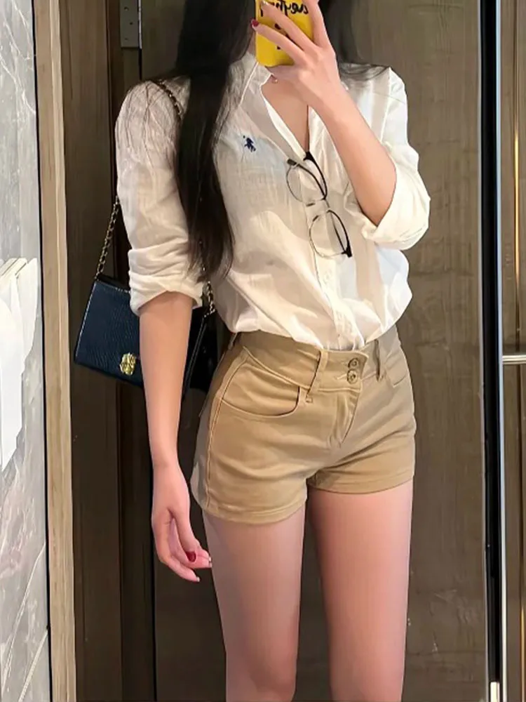 

Khaki Denim Short Shorts Women's High Waist Tight American Style Hot Girl Miniature Wraparound Hotpants Casual Style High Wai...