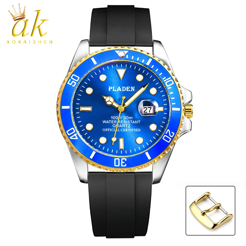 Aokaishen Leather Strap Men Watch Quartz Clock Luxury Rhinestone Business Waterproof Relogio Masculio 19-23CM Adjustable