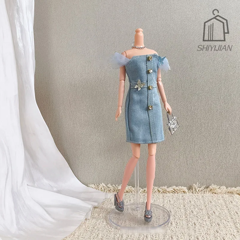 1/6 Doll Clothes Accessories Ladylike Sweet Off-the-Shoulder Denim Diamond Butterfly Dress For 30cm FR Babi Supermodel Doll