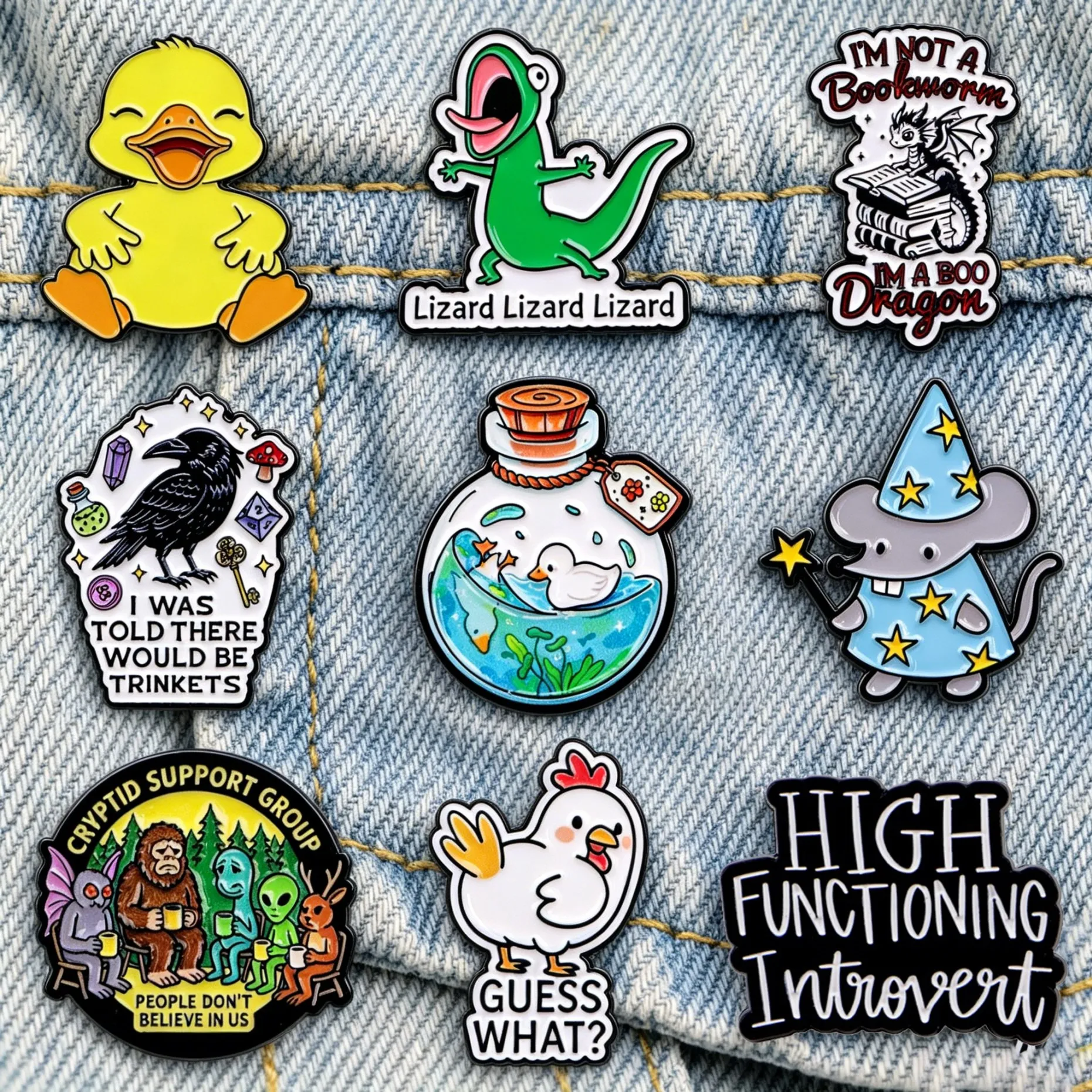 Cartoon Enamel Pins Cute Duck Lizard Dragon Crow Wizard Mouse Quote Lapel Brooches Animal Metal Badges for Jacket Backpack Gift