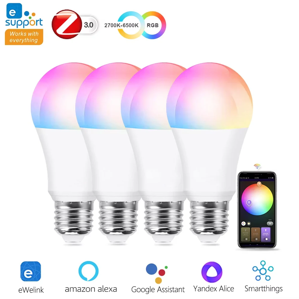 Zigbee 3.0 Smart E27 LED Light Bulb 15W 18W RGB Color Changing Lamp AC 85-265V Dimmable Works with EWeLink Gateway Alexa Yandex