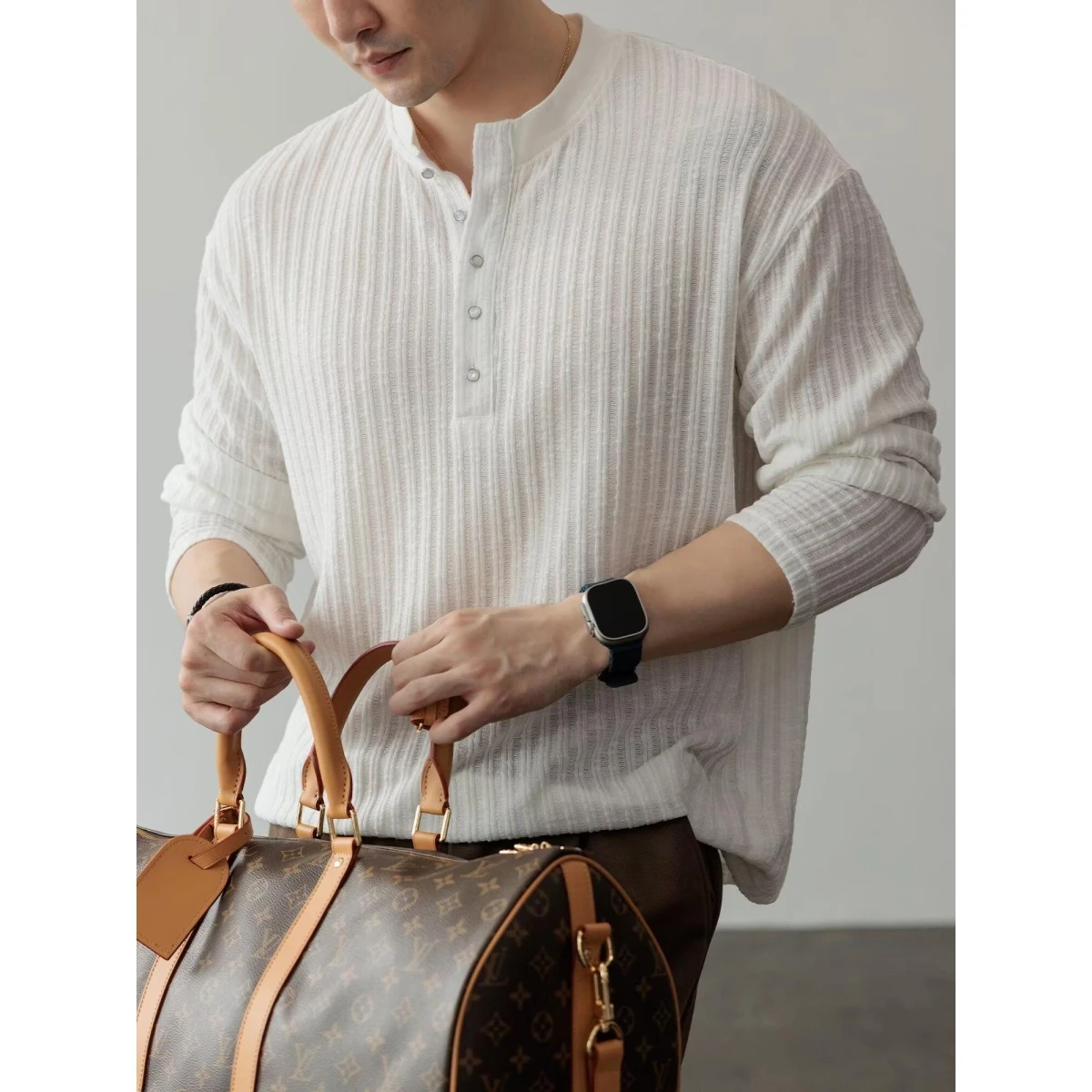 

Men's Lightweight Henry Collar Knitwear Long Sve T-irt Simple Vertical Stripe Texture Loose Fit Polyester Fiber Winter Wear