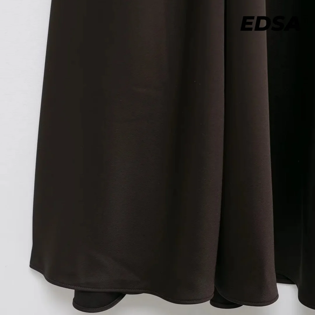 فستان EDSA نسائي من الساتان متوسط الطول بخصر عالٍ مع أشرطة واسعة فساتين طويلة بدون ظهر لقضاء العطلات النسائية