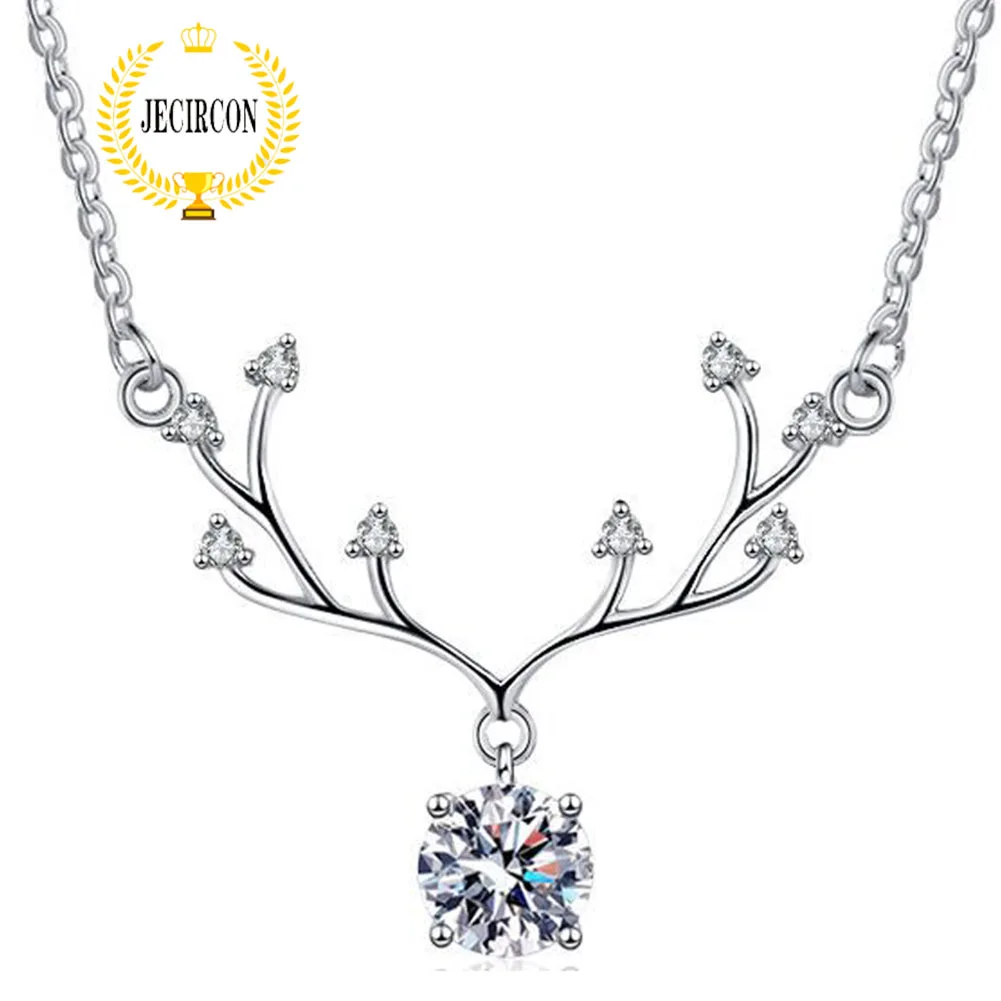 

JECIRCON 925 Sterling Silver Moissanite Necklace For Women "One Deer with You" 1 Carat Simulation Diamond Pendant 18k White Gold