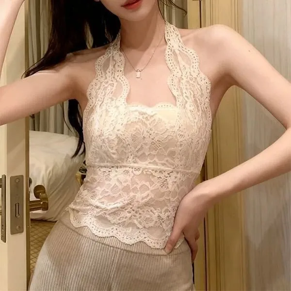 2026 Summer New Lace Neck Sling Vest Women with Chest Pad