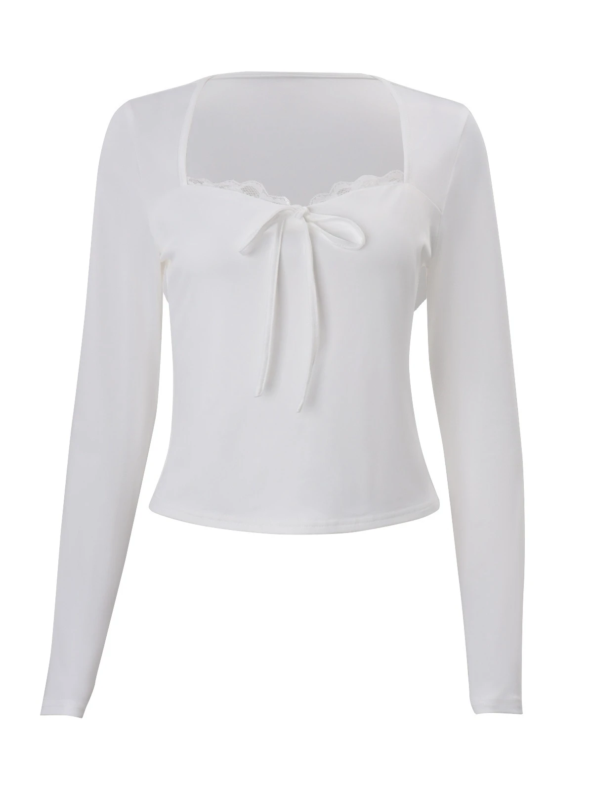 เสื้อยืดทรงเข้ารูป คอเหลี่ยม แขนยาว แต่งลูกไม้ สไตล์วินเทจ Y2K รุ่นใหม่ปี 2025 เหมาะสำหรับใส่ในชีวิตประจำวันหรือออกเดท