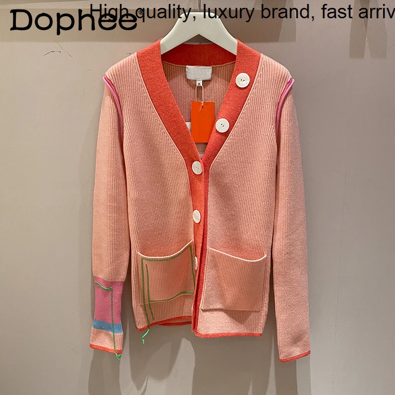 

Pocket Sexy V-neck Knit Cardigan Color Contrast Single-Breasted Long Sleeve Sweater Coats Trendy Fall 2023 Spring Women Clothing