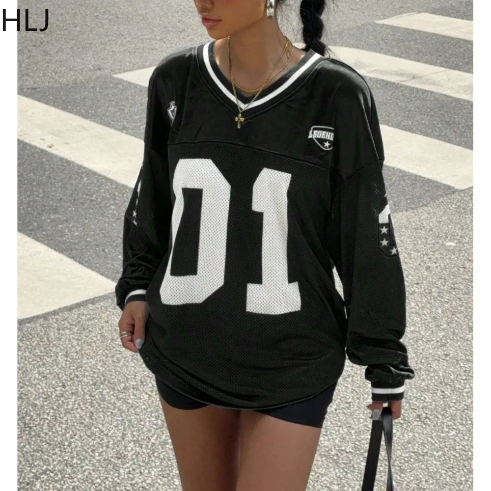 HLJ Fashion Letter Print American Vintage Tshirts Two Piece Sets Women V Neck Long Sleeve Top And Leopard Sequin Shorts Outfits