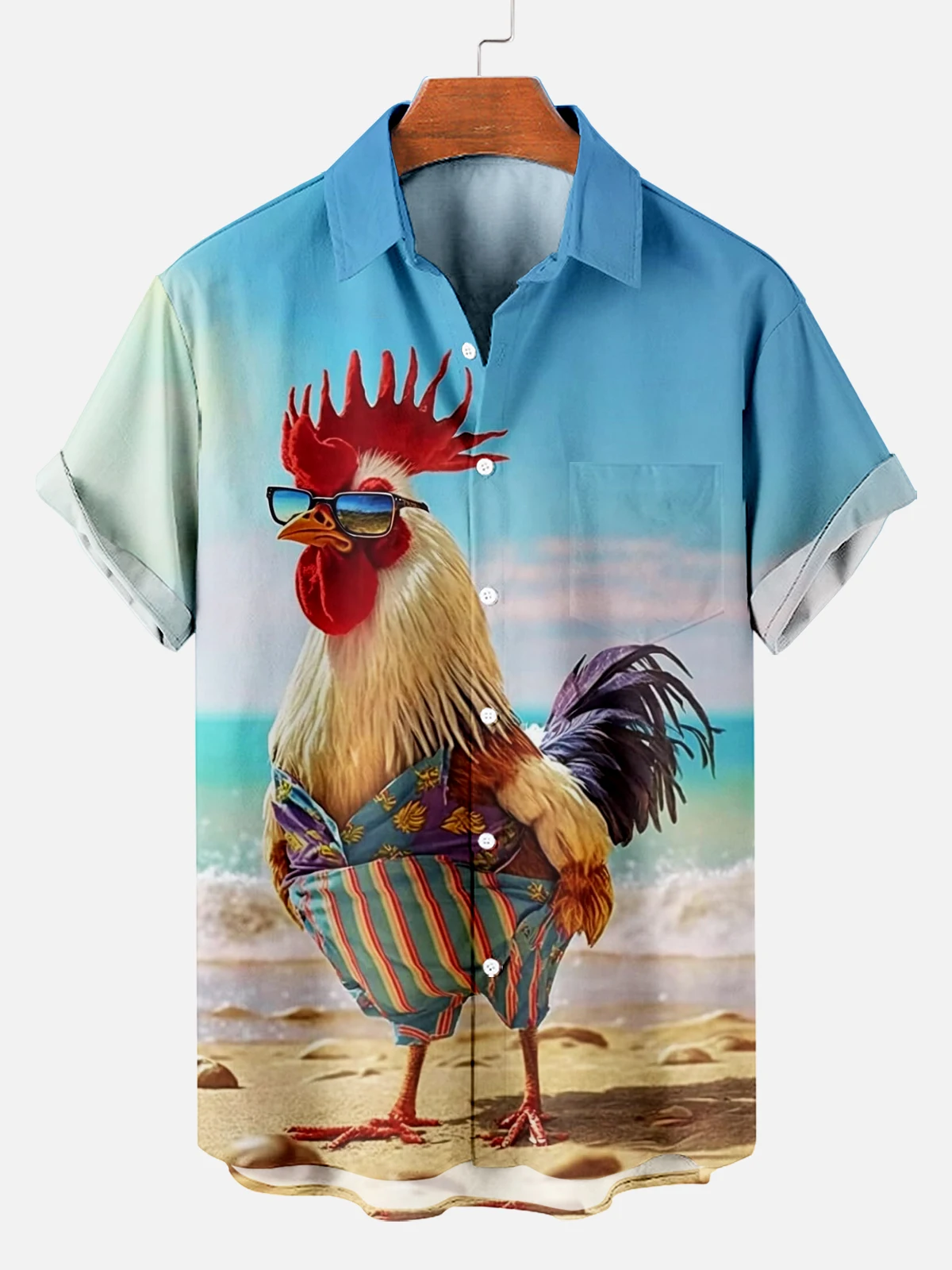 2024 Funny Rooster Beach Hawaii Casual 3D Print Turndown Collar Shirt casual  Short Sleeve Shirt Summer loose Shirts For Boys