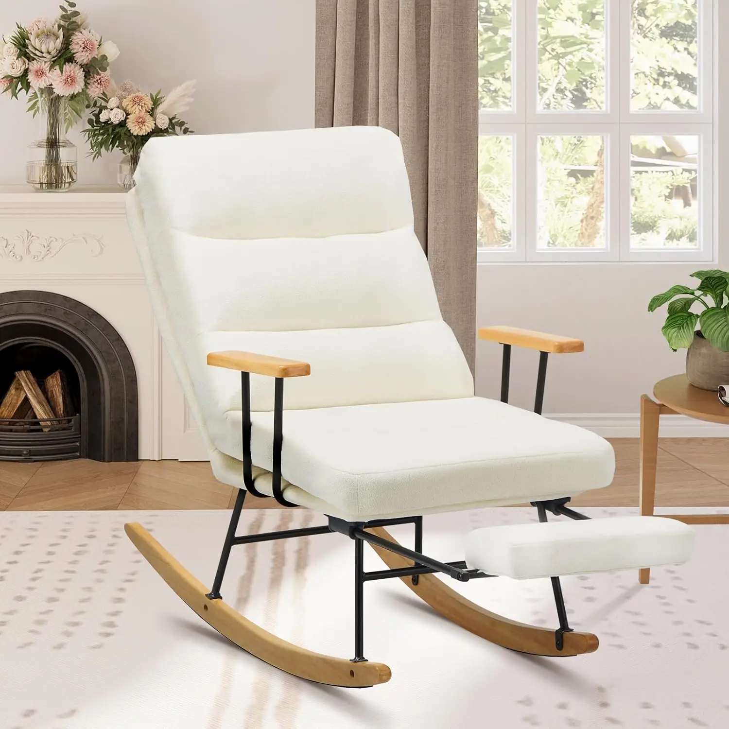 

Footrest-Glider Rocker Chair with Retractable Footrest and Adjustable Backrest, Teddy Upholstered Rocking Chair