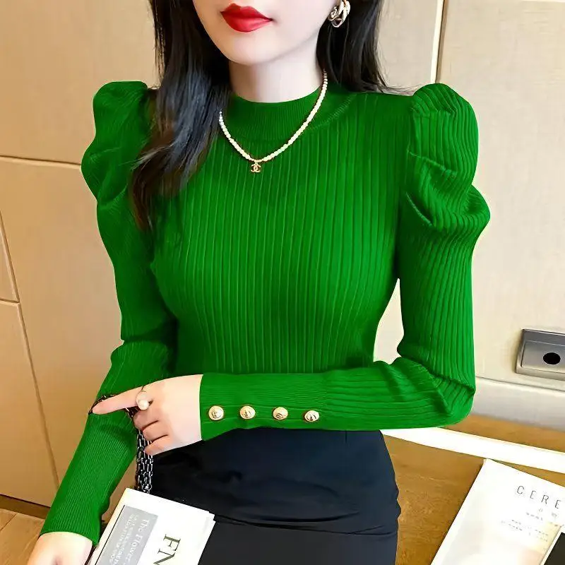 

Ele Red High Ne Bubble Sve Knitted Top Women's Unique Beautiful Autumn Winter Faion Polyester Fiber Nine Sve Le...