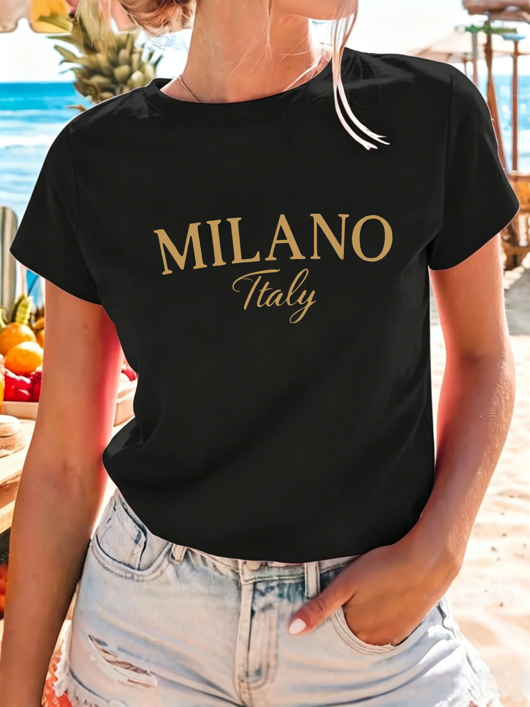 Fashion Y2K MILANO Italy Print T-SHIRT Neck T Shirt Women Slim Fit Casual Short Sleeve Tops Tee Graphic Summer