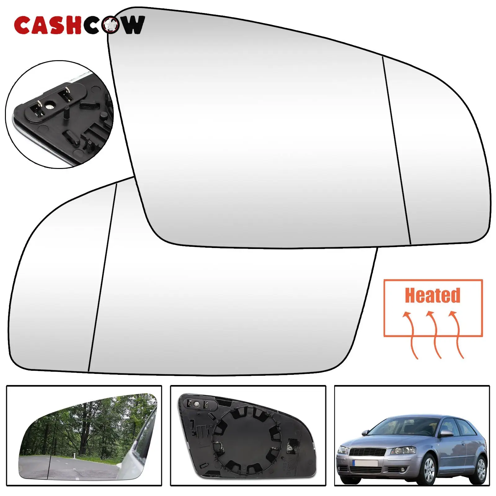 CASHCOW For Audi A3 S3 A4 B6 B7 A6 S6 04-08 Left & Right Side Wing Mirror Glass Heated Rearview Car Accessories Wide Angle