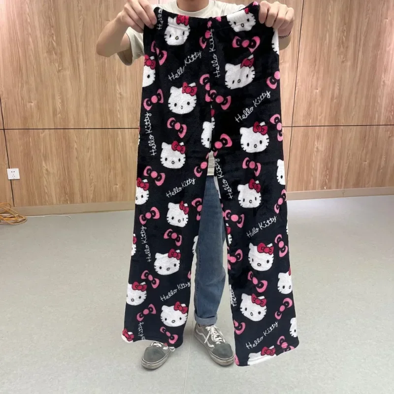 Hello Kitty Kawaii Warm Plush Pajamas Women Soft Casual Autumn Winter Flannel Pants Home Outdoor Wear Trousers Christmas Gifts