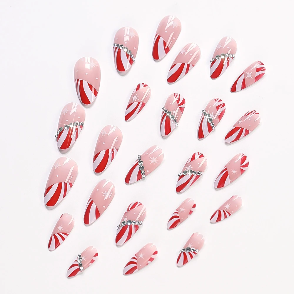 24 szt. Czerwone Paznokcie Sztuczne w Stylu Francuskim Almond z Motywem Świątecznym, Ozdobione Śnieżynkami i Błyszczącymi Cyrkoniami, Do Wciskania