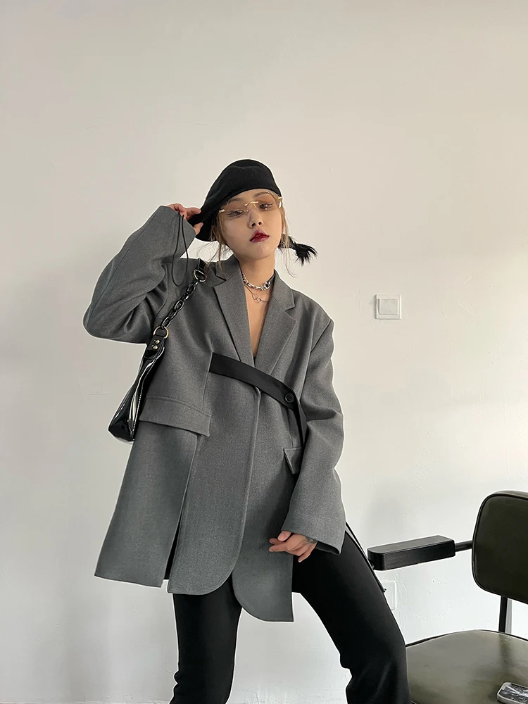 Women Grey Gothic Blazer Elegant Vintage 90s Fashion Coat Y2k Suit Jacket Harajuku Long Sleeve Outwear 2000s Clothes