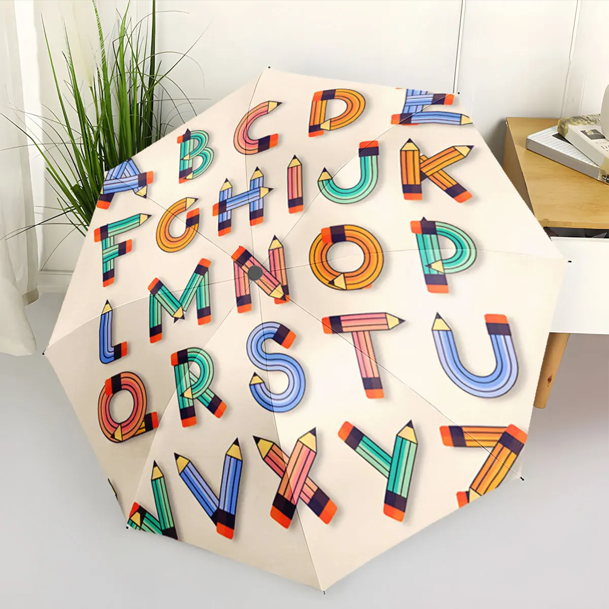 1PC Colorful Alphabet Pencil Design on Umbrella Print 8 Iron Ribs Folding Umbrella Auto-Open Fashion Sunshade