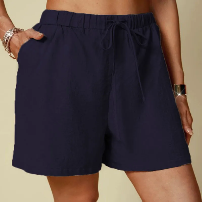 กางเกงขาสั้นผ้าฝ้ายและผ้าลินินสีพื้นทรงหลวมสบายเอวยางยืดผูกเชือกสำหรับผู้หญิงรุ่นใหม่ประจำฤดูร้อน