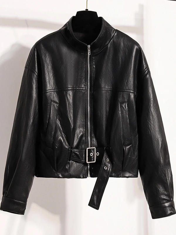 Veste en cuir décontractée noire pour femme, grande taille, coupe ample, vêtement d'extérieur tendance pour la saison automne-hiver