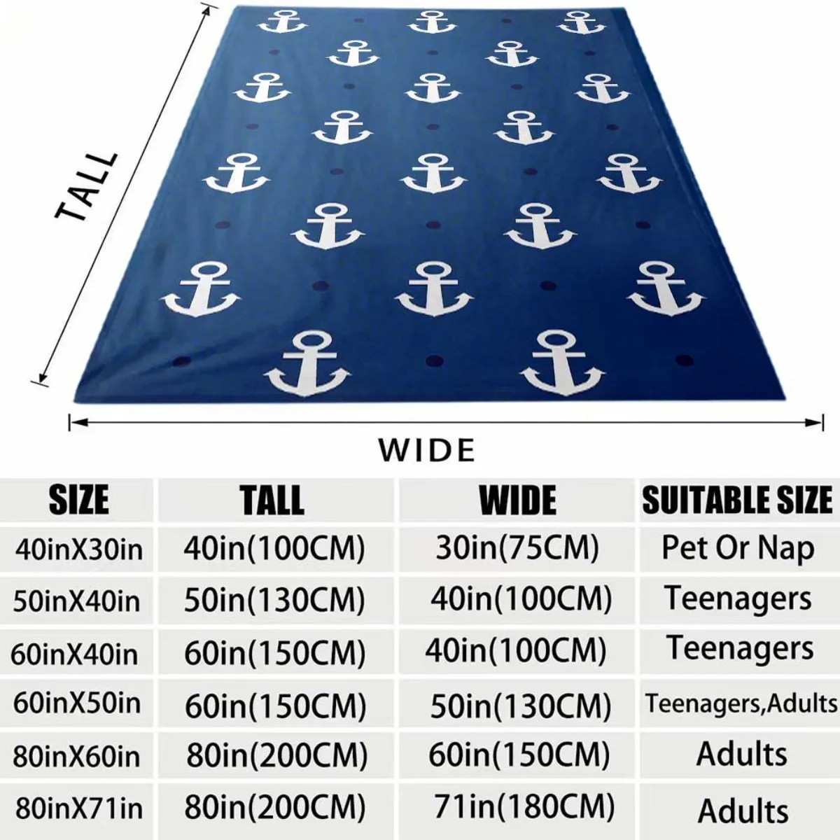 Navy Blue Anchor Pattern Flannel Blanket Lightweight Warm Plush Throw Blanket Classic Maritime Style Decor Blanket for Bedroom