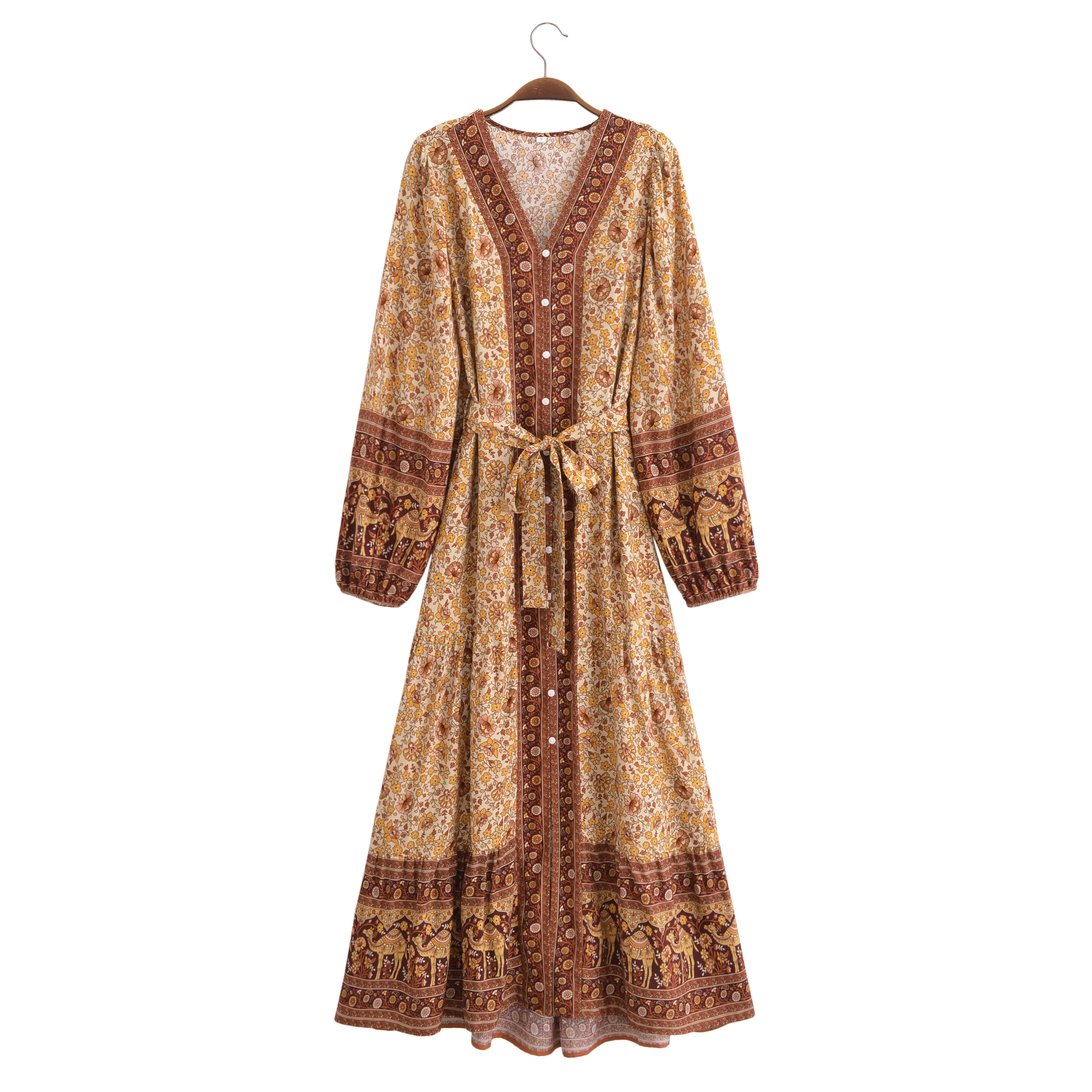 2024 Brown Flower Print Women BOHO Dress Tie Bow Sashes Single-breasted Button Full Sleeve Maxi long Swing Robe Holiday Beach