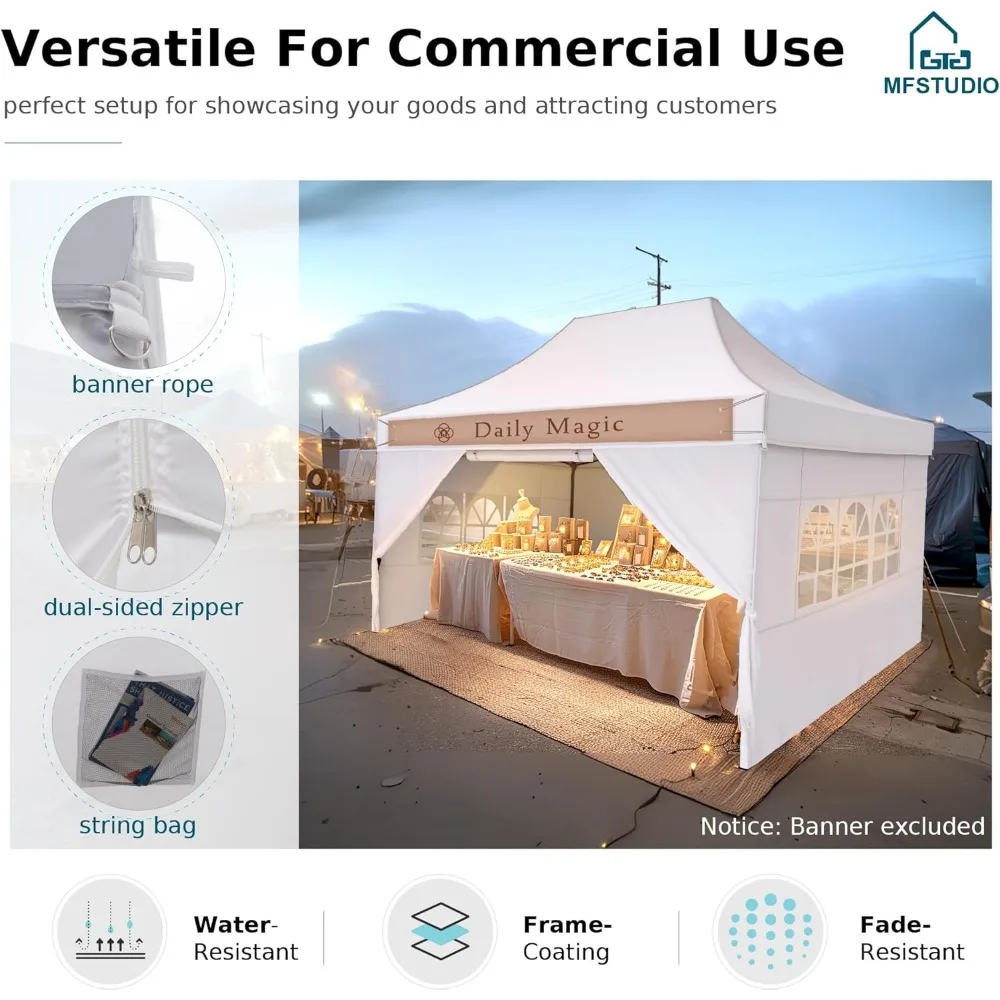 Barraca de dossel pop up 10x15, barraca de festa resistente comercial ao ar livre com 4 paredes laterais, barraca de dossel impermeável de fácil configuração para par