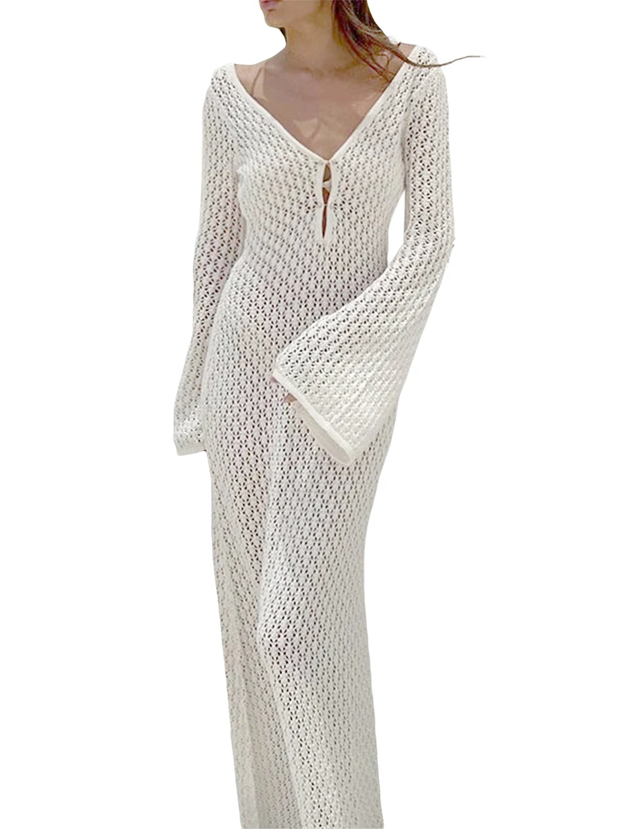 Women Sheer Mesh Sleeveless Maxi  V-Neck Long Sleeve Bodycon long Dress Ladies Party Beach Backless Holiday Dress summer