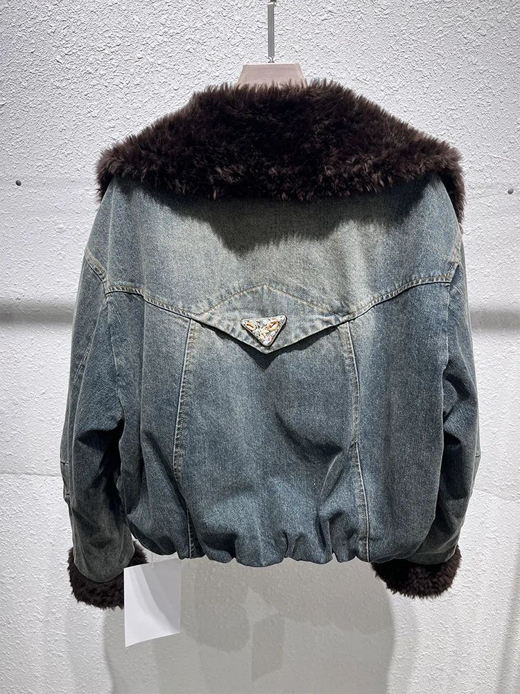 Mode femmes hiver chaud duvet d'oie veste en jean réel mérinos col de fourrure de mouton épais vêtements de luxe Parkas femme doudoune