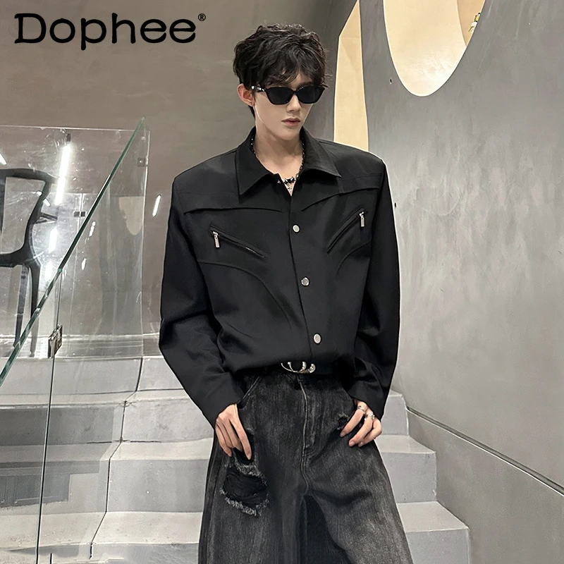 

2025 New High-End Fashion Zipper Long Sleeve Shirt Loose High Street Trendy Handsome Casual Youth Fashion Shirt for Men