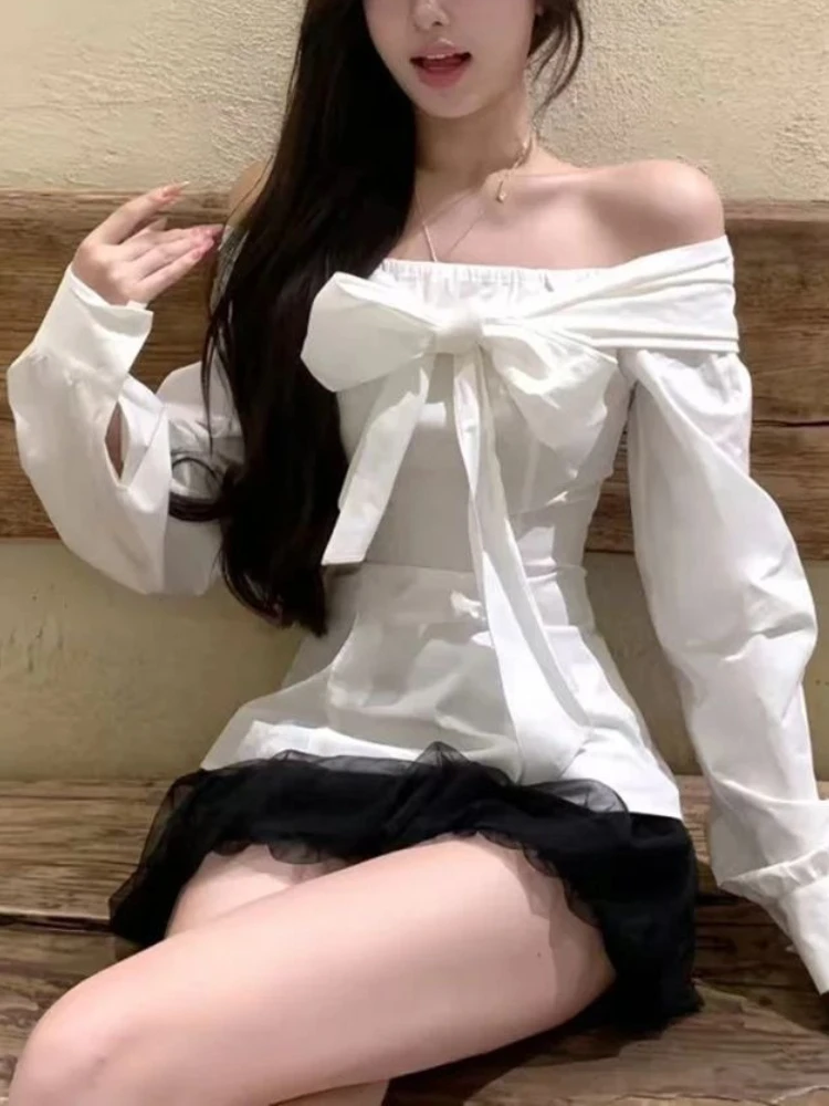

Korean Fashion Sweet Two Piece Set Women One Off Shoulder Bow Shirt + Lace Mini Skirt New Spicy Girl Casual Autumn Outfits 2025