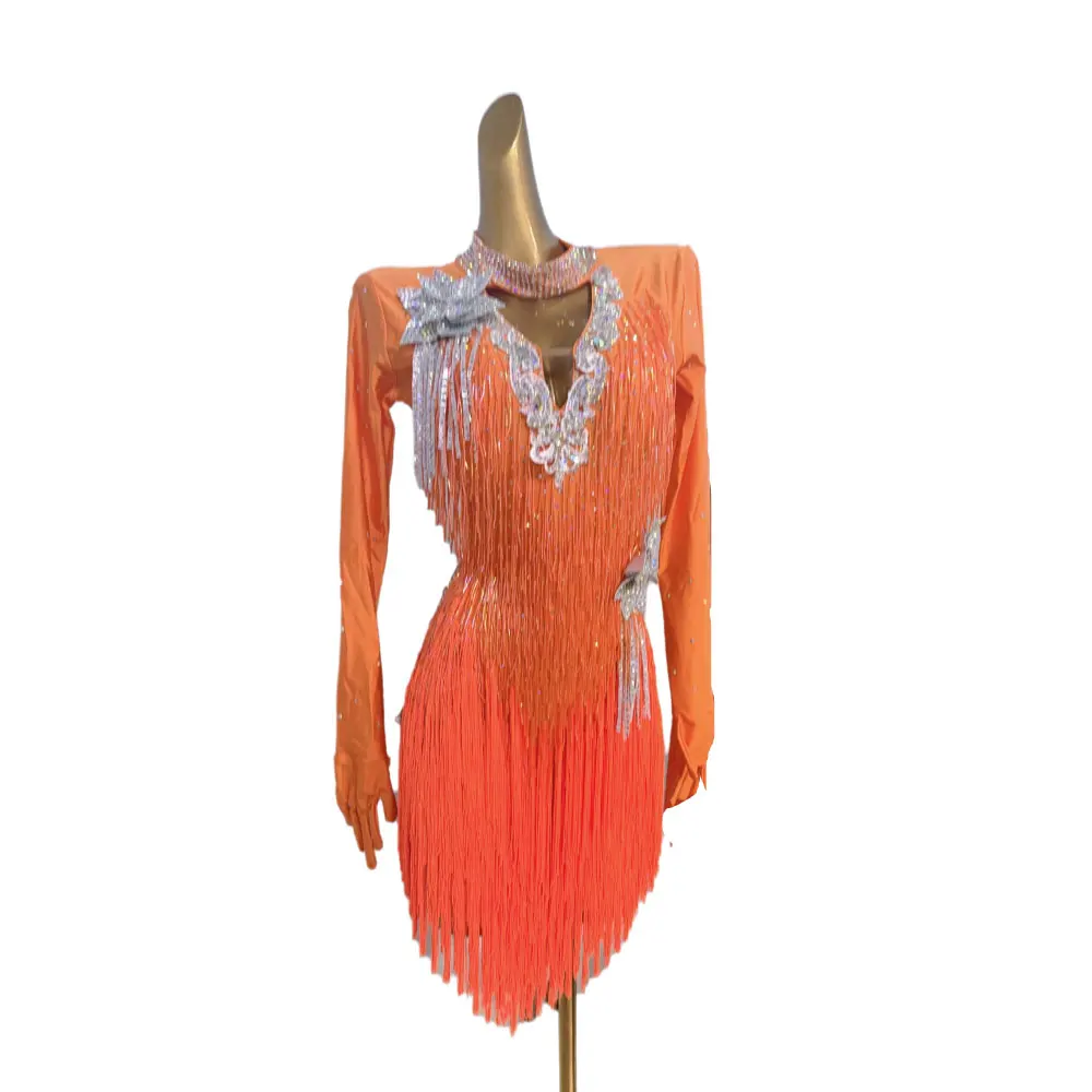Latin dans strass jurk high-end aangepaste oranje kraal buis kwastje tango dames volwassen professionele kleding