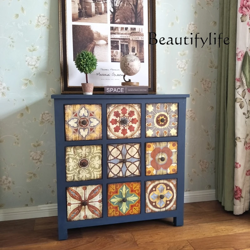 American Mediterranean Solid Wood Vintage Living Room Bedroom Chest of Drawers Decorative Storage Hallway Cabinet