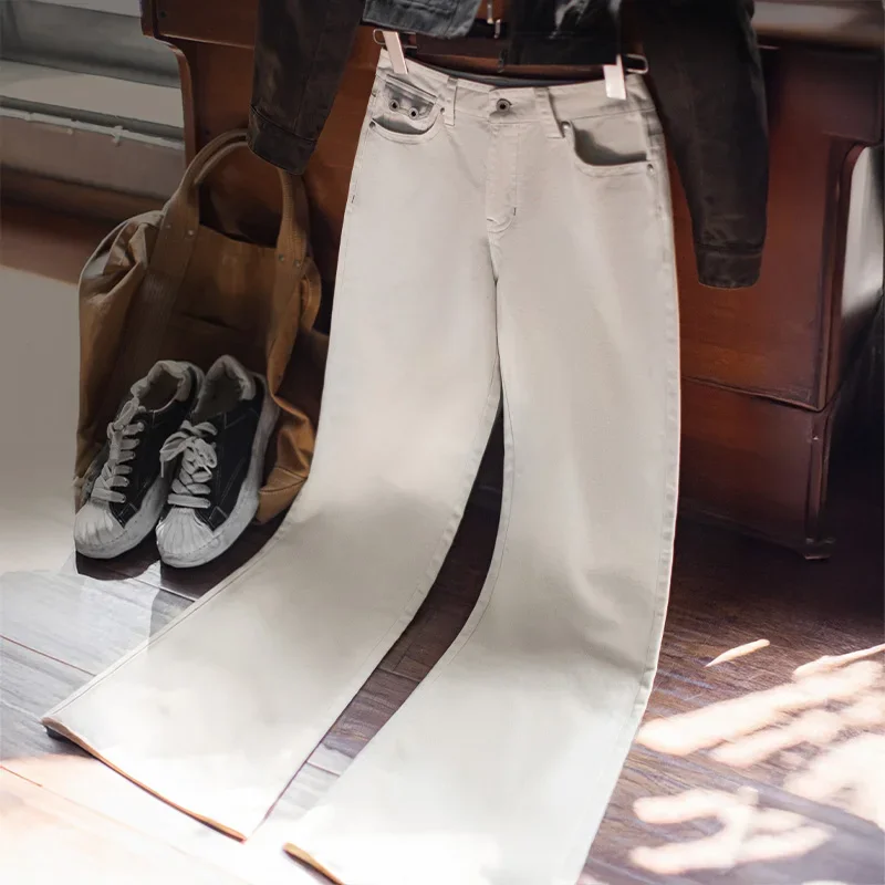 Maden Vintage Women’s Casual 100% Cotton Pants Mid Rise Versatile Beige Pants Slim Fit Flare Trousers for Autumn and Winter