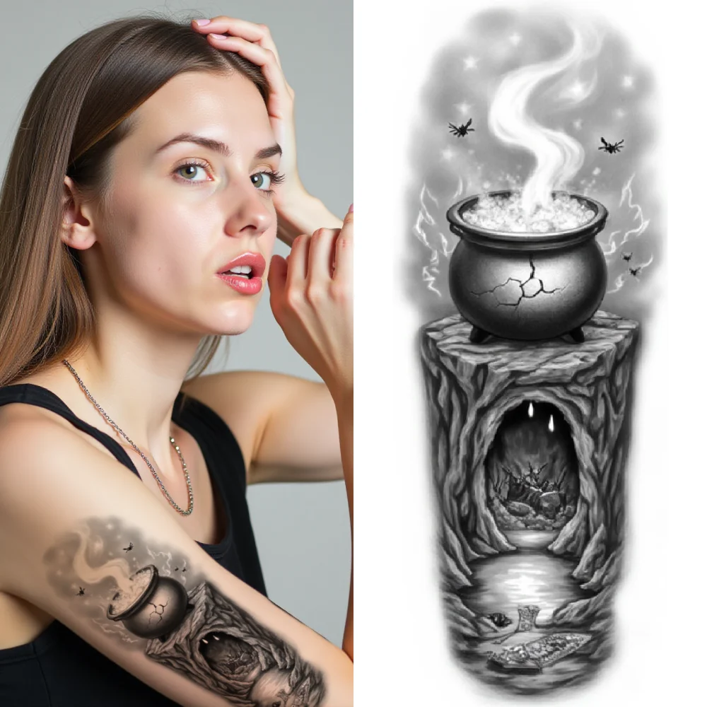 

3 шт., временная татуировка, черный и серый, реалистичный котел, винтажный стул, скелетная рука для мужчин, взрослых, женщин