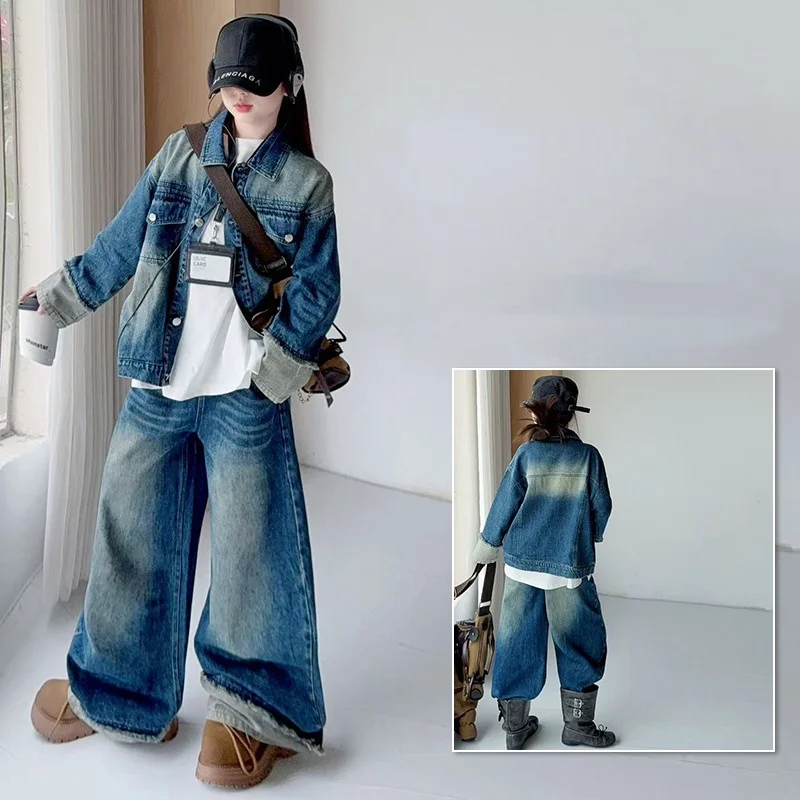 Autumn Children Clothing Girl Retro Denim Clothes Suit Gradient Cowboy Jacket Wide-leg Jeans 2-piece Set Kid Coat Pants Outfits