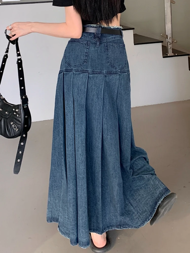 Maxi Long Skirts Women Vintage Spring Summer High Waist Jean Skirt Ladies  A-Line Ruffle Pleated Denim Skirt Plus Size With Belt