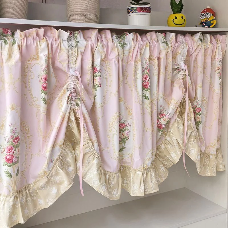 ستائر نافذة صغيرة باللون الوردي الرعوي الفرنسي للمطبخ، ستائر مطبوعة بالزهور بطول قابل للتعديل، ستارة مطبخ للشقة
