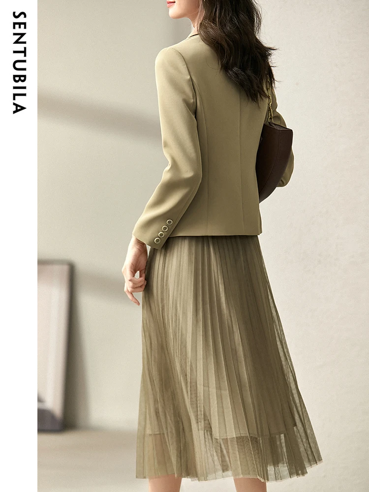 SENTUBILA Elegant Womens Outfits 2024 Autumn Fashion Folds A Line Skirt Suit Office Ladies Fashion Notched Blazer Two Piece Set