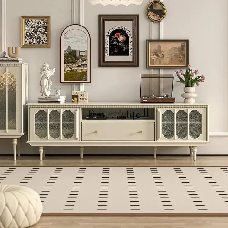 

LJYFrench retro solid wood TV cabinet white cream style living room audio-visual low cabinet