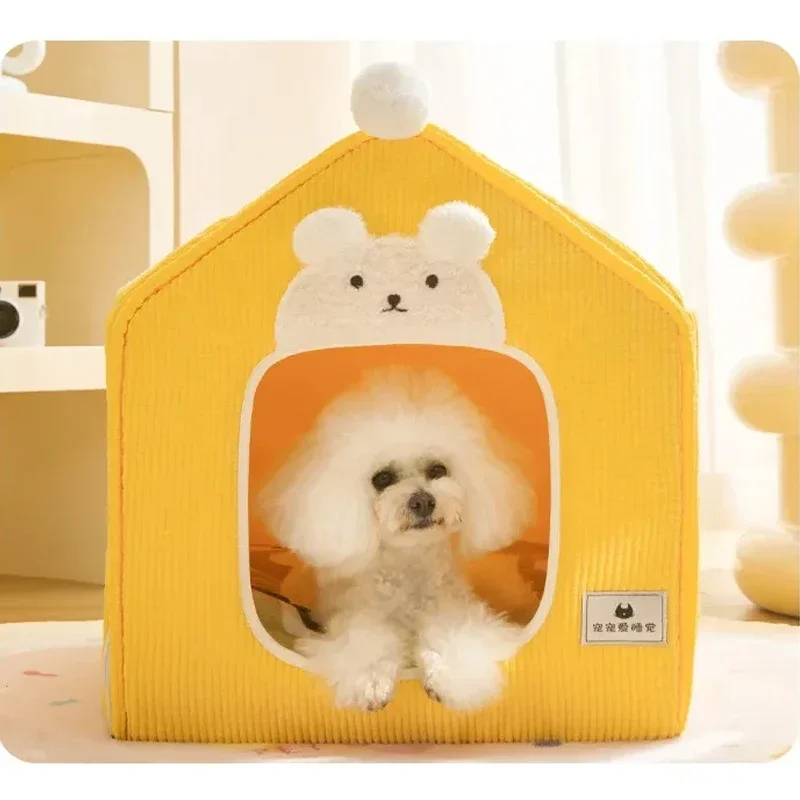 Foldable Dog House for Cats and Small Dogs Enclosed Warm Plush Sleeping Nest Bed with Removable Cushion Indoor Pet Cave Bed Tent