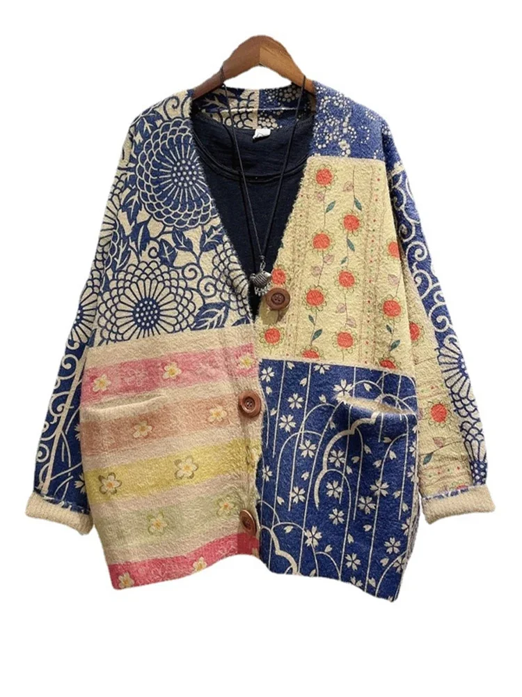 Max LuLu 2024 Womens Spring Fashion Warm Casual V-Neck Sweaters Females Loose Printed Cardigans Ladies Flowers Vintage Knitwear