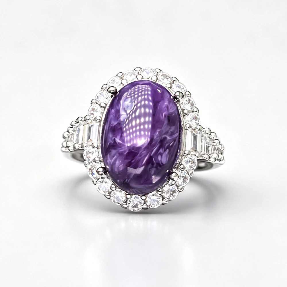 

Luxurious Natural Charoite Adjustable Rings Gemstone Oval 10*14mm for Women Lady Party Birthday Wedding Jewelry Gift