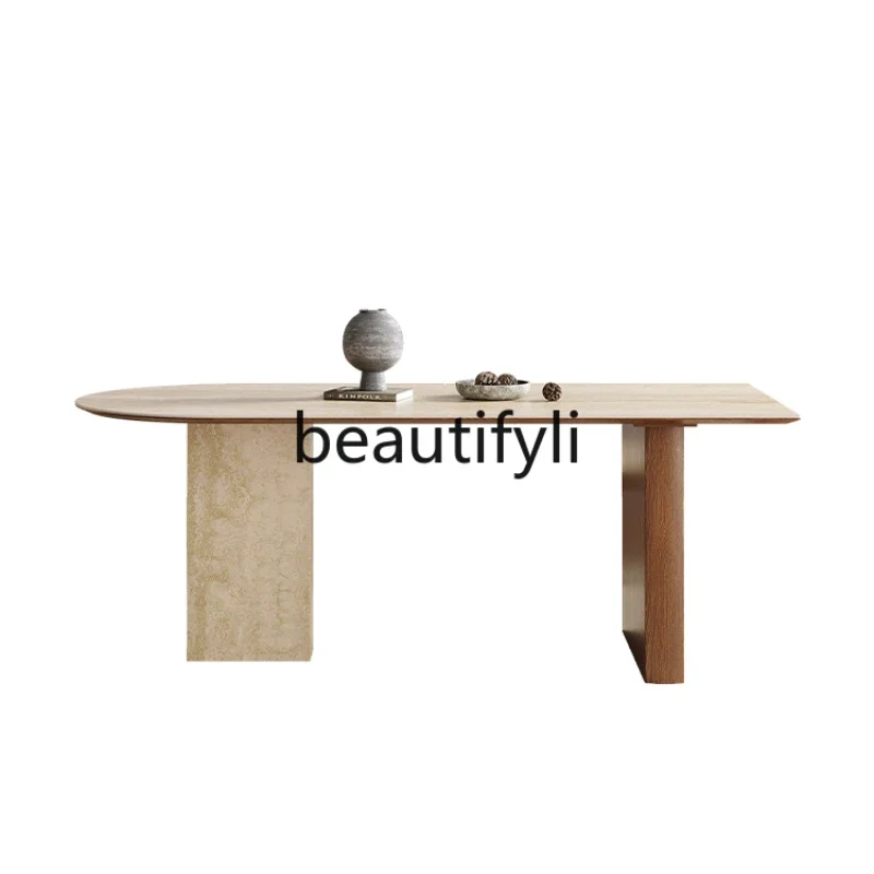 

HFrench retro solid wood dining table travertine rock slab small apartment design semi-oval island dining table