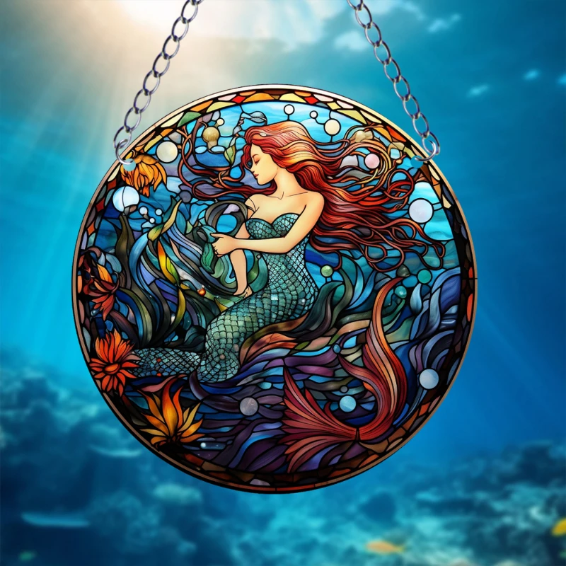 Blue Mermaid Stained Windows Hangings Suncatcher Mermaids Suncatchers Window Ornament Panel Sun Catcher Wall Hanging Decor