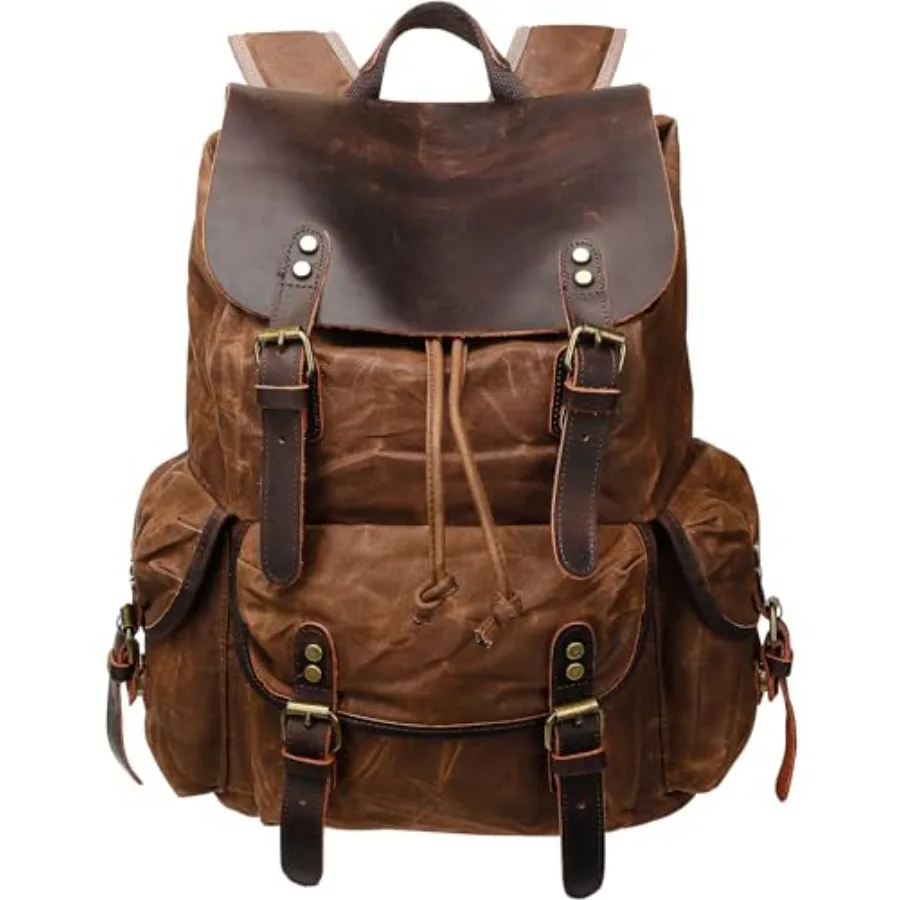 

Vintage Waxed Canvas Backpack with Genuine Leather Flap, Travel and Work Rucksack, Water-Resistant Daypack with Anti-Theft Pock