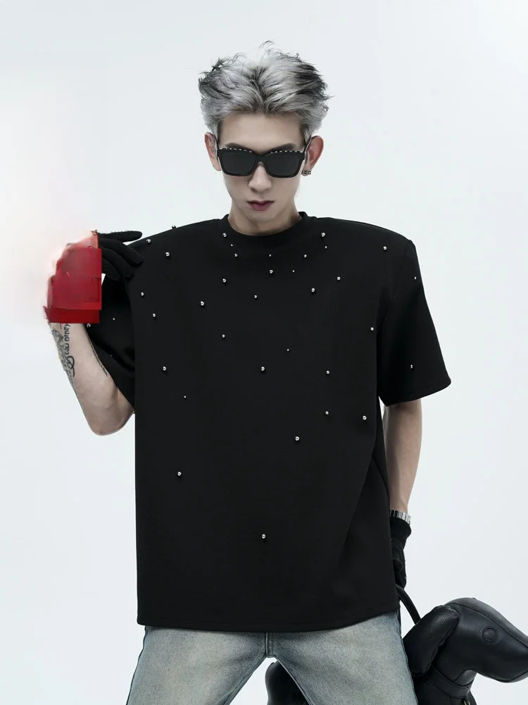 

Heavyweight Men's T-irt oulder Pads American Retro High Street Handmade Metal Bead Design Bla ort Sve Casual Wear