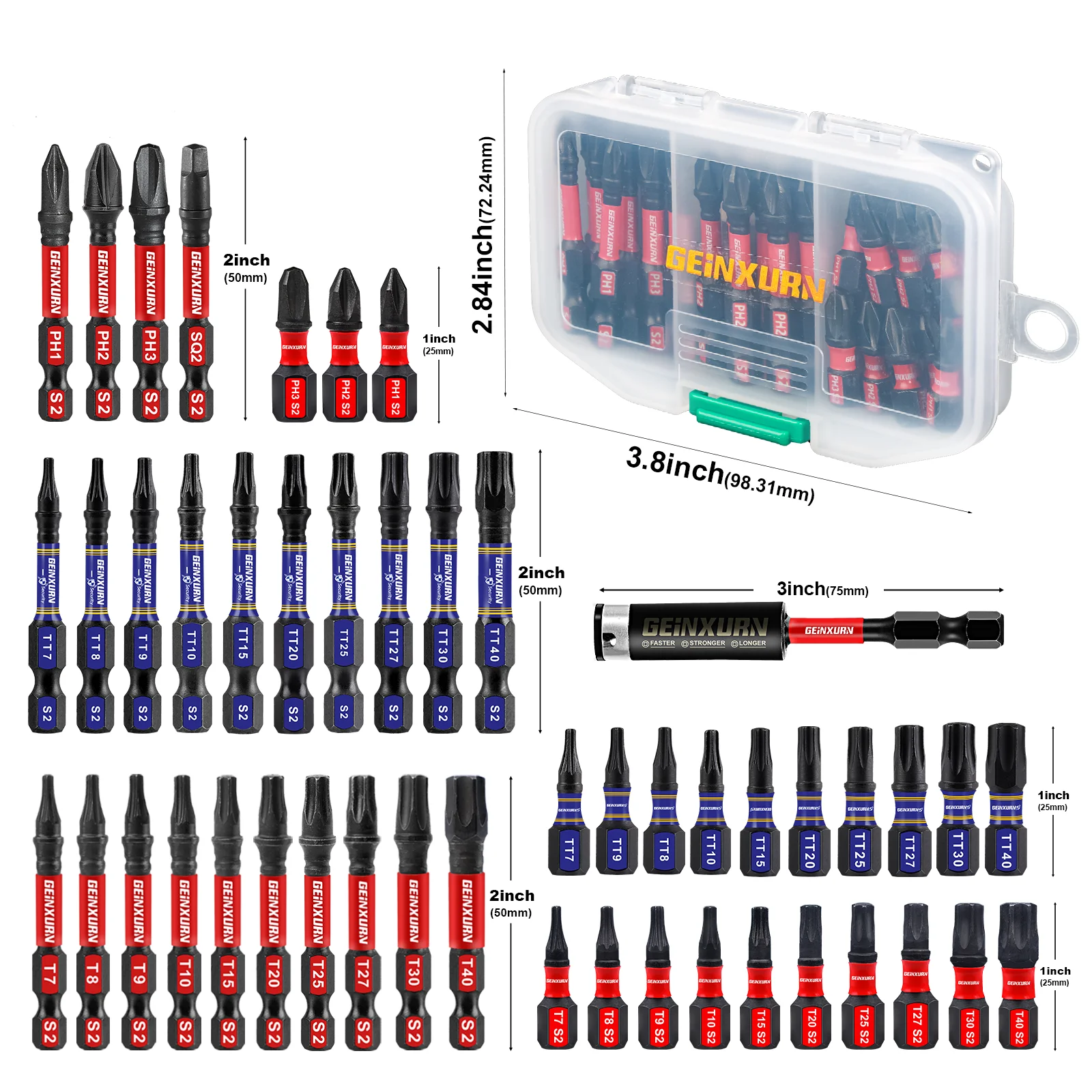 Geinxurn Impact Screwdriver Bits Set, Magnetic S2 Steel Multi Security Star Insert Power Bits Tips with Storage Box(PH/TORX)